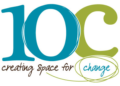 The logo for 10C, the 10 is in a darker blue, the c is in a green. The tagline underneath says creating space for change.